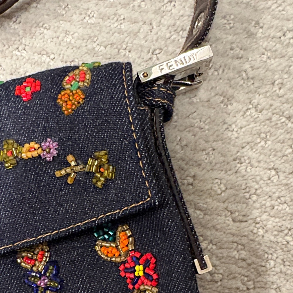 Vintage Fendi Denim Embroidered Floral Shoulder Bag with Silver Buckle - Picture 2 of 10